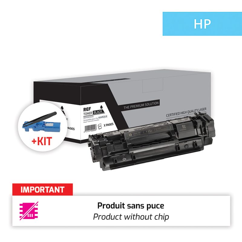 Hp 135X - Tóner sin chip con kit de herramientas equivalente a W1350X, 135X - Negro