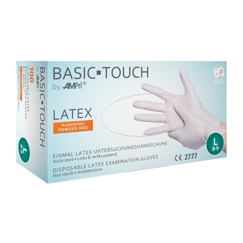 Einweg-Latexhandschuh BASIC-TOUCH, puderfrei, unsteril, Größe S – Packung mit 100 Stück