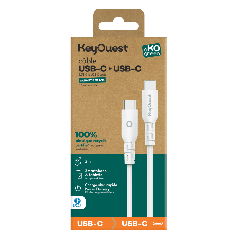 eKOgreen recycled cable USB-C/USB-C 3A / 60W - 3m - White