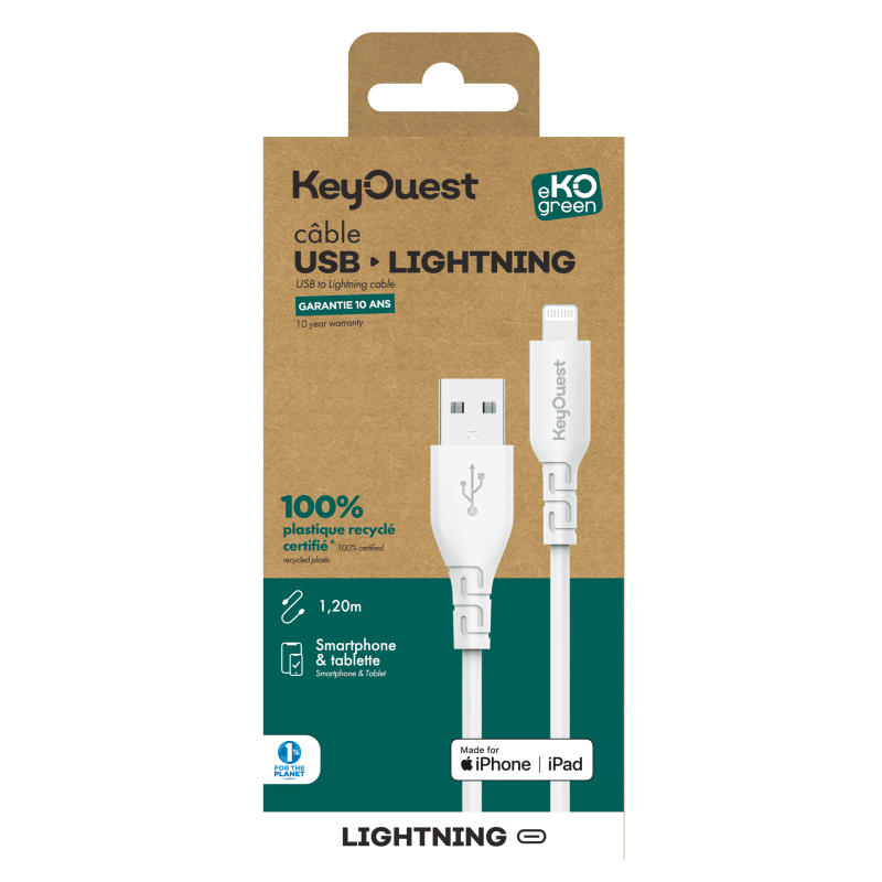 Câble eKOgreen recyclé Lightning 2.4A - 1,20m - Blanc
