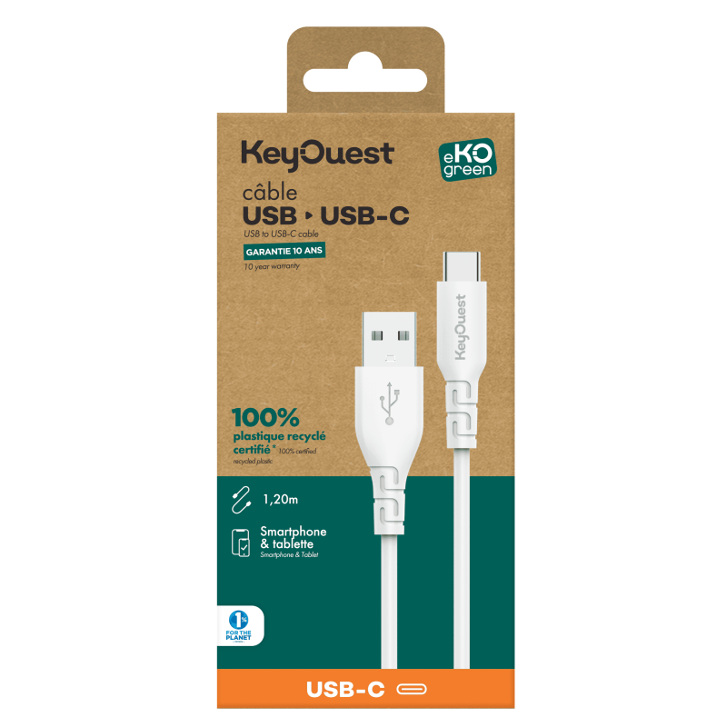 Câble eKOgreen recyclé USB-C 3A - 1.20m - Blanc