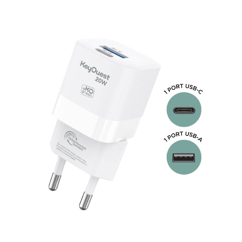eKOgreen Recycled Sector Charger 2 puertos USB 18W / USB-C20W - Blanco