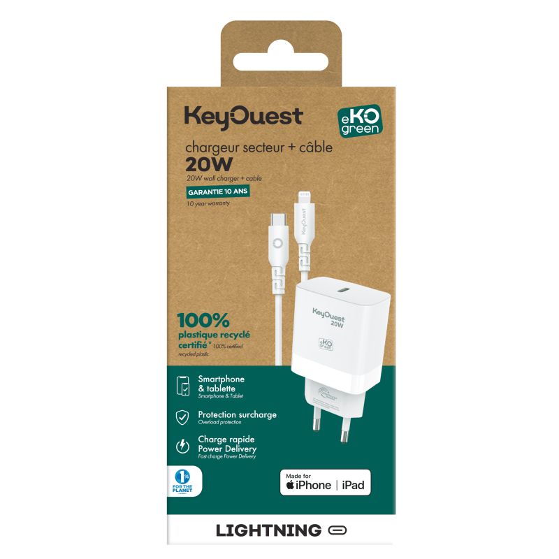 Kit Chargeur Secteur eKOgreen recyclé 20W + Câble Lightning - Blanc