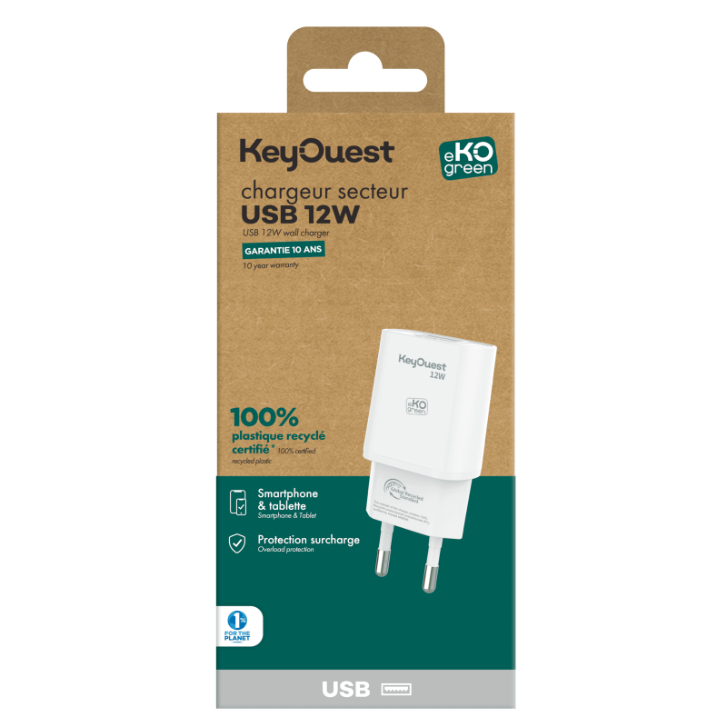 Caricabatterie a settori riciclati eKOgreen 1 porta USB 12W - Bianco