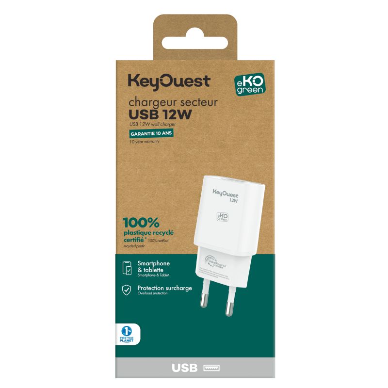 eKOgreen Recycled Sector Charger 1 puerto USB 12W - Blanco