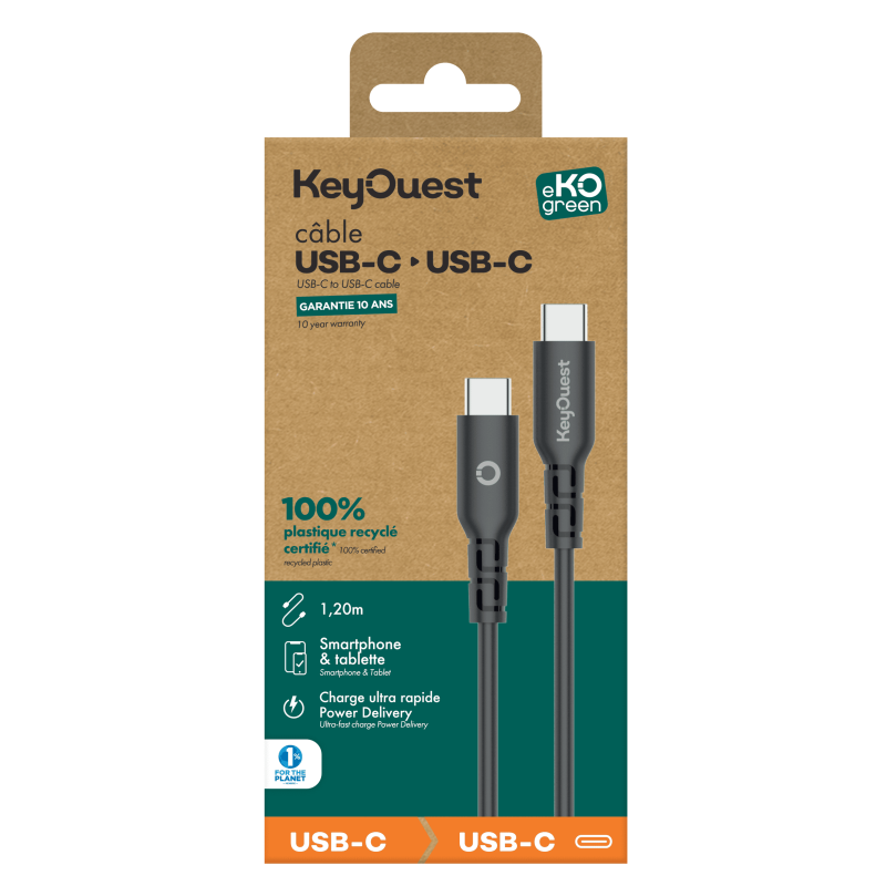 Câble eKOgreen recyclé USB-C/USB-C 3A / 60W - 1,20m - Noir