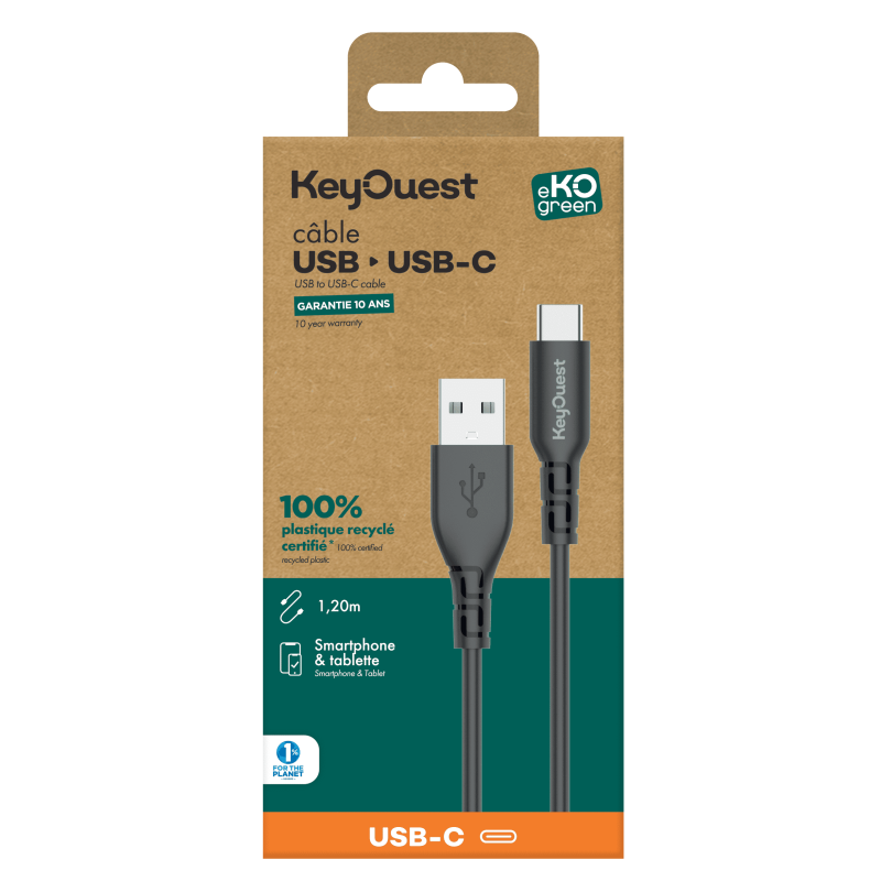 Câble eKOgreen recyclé USB-C 3A - 1.20m - Noir