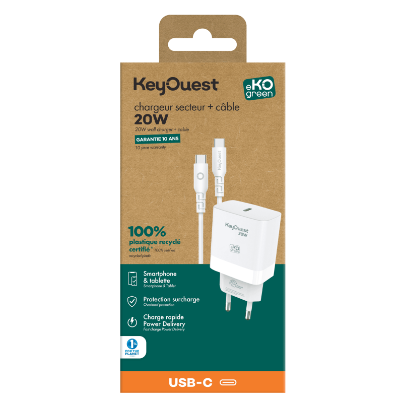 Kit Chargeur Secteur eKOgreen recyclé 20W + Câble USB-C - Blanc
