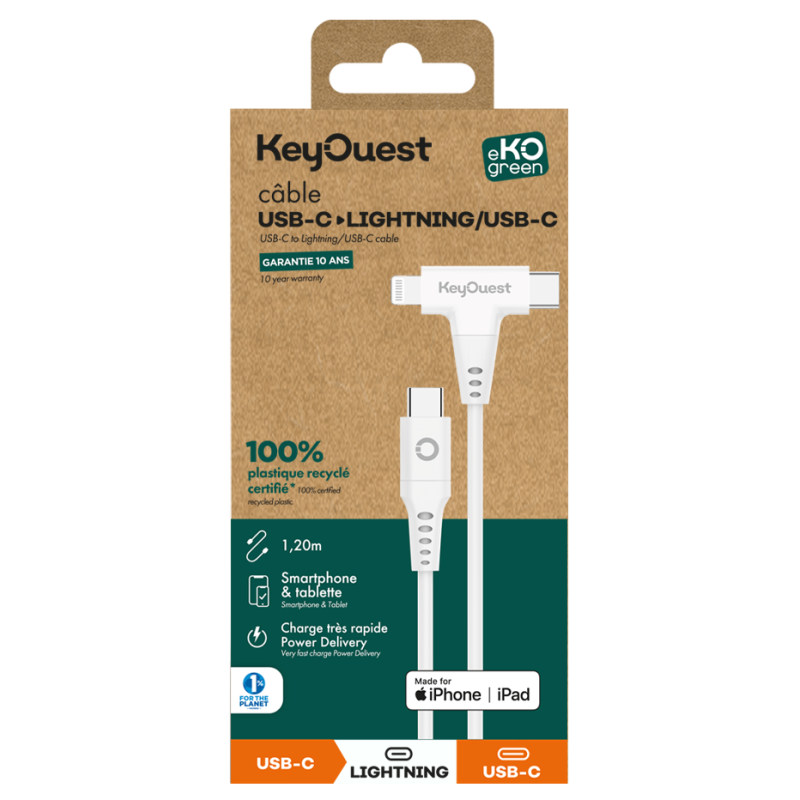 eKOgreen Cavo riciclato USB-C/Lightning (MFi 2 in 1) 3A - 1,20m - Bianco