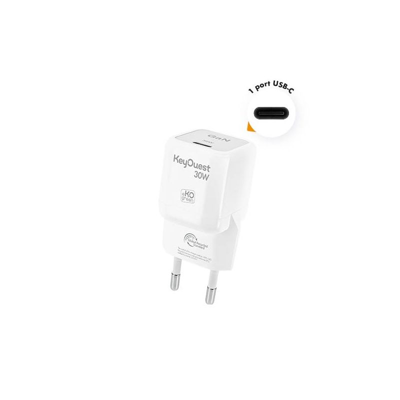 Chargeur Secteur eKOgreen recyclé GaN 1 port USB-C 30W - Blanc