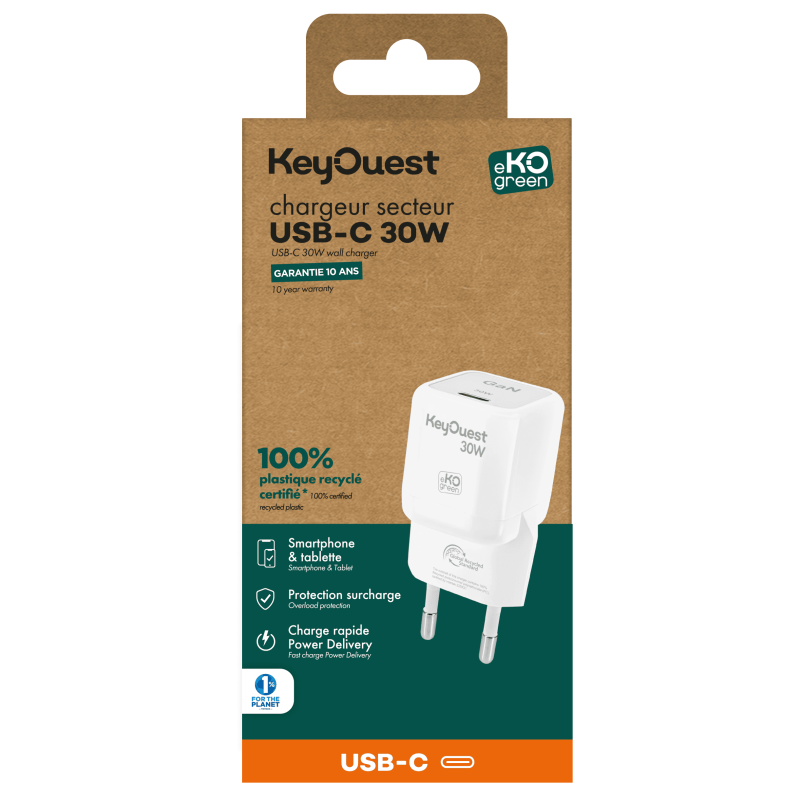 eKOgreen Recycled Sector Charger GaN 1 puerto USB-C 30W - Blanco
