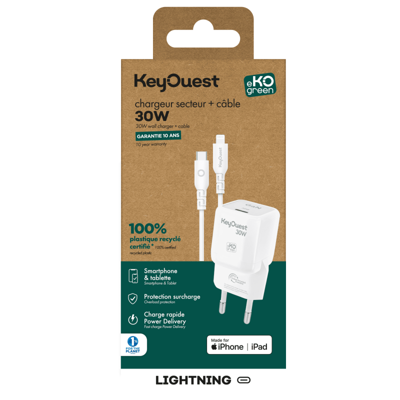 Kit Chargeur Secteur eKOgreen recyclé GaN 30W + USB-C/Light - Blanc