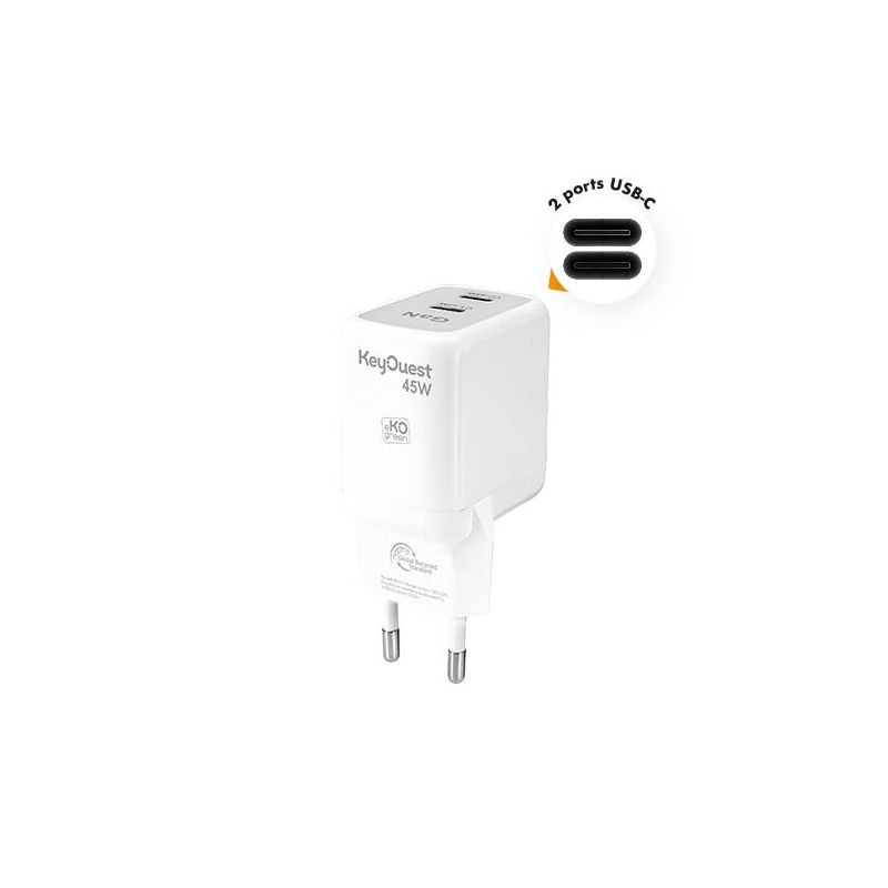 Chargeur Secteur eKOgreen recyclé GaN 2 ports USB-C 45W - Blanc