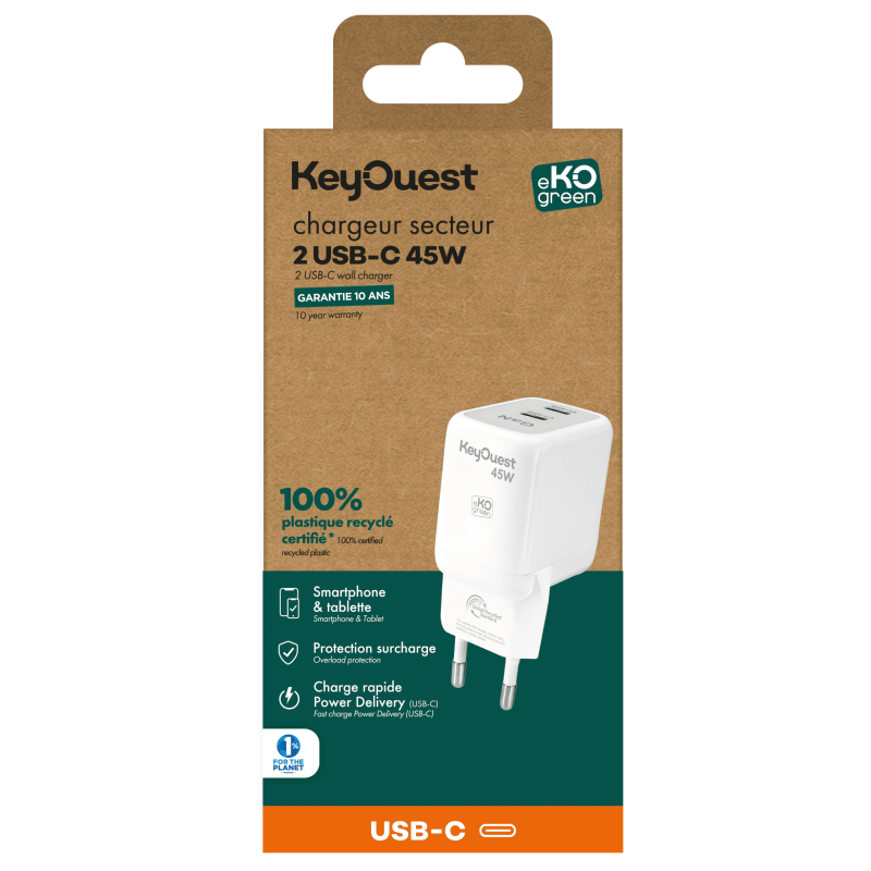eKOgreen Cargador de red reciclado GaN 2 puertos USB-C 45W - Blanco