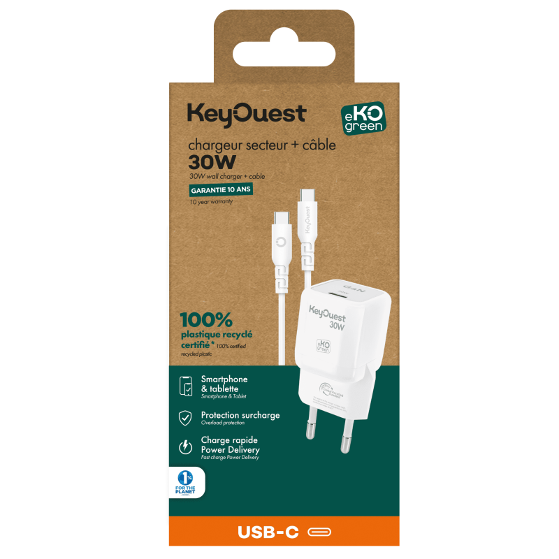 Kit Chargeur Secteur eKOgreen recyclé GaN 30W + USB-C/USB-C - Blanc
