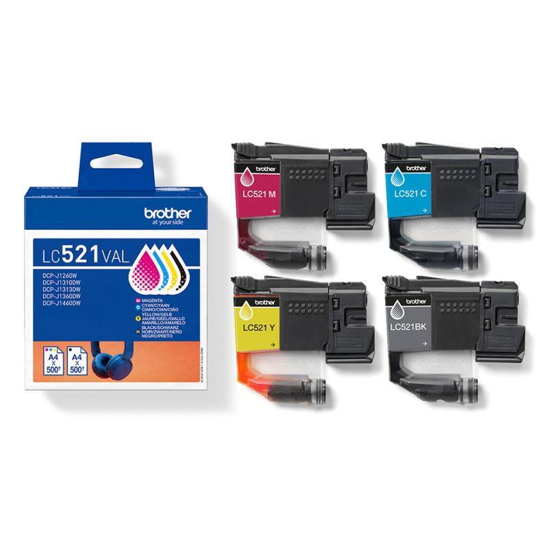 Brother 521 - Pack de 4 cartuchos de tinta originales LC521VAL - Negro Cian Magenta Amarillo