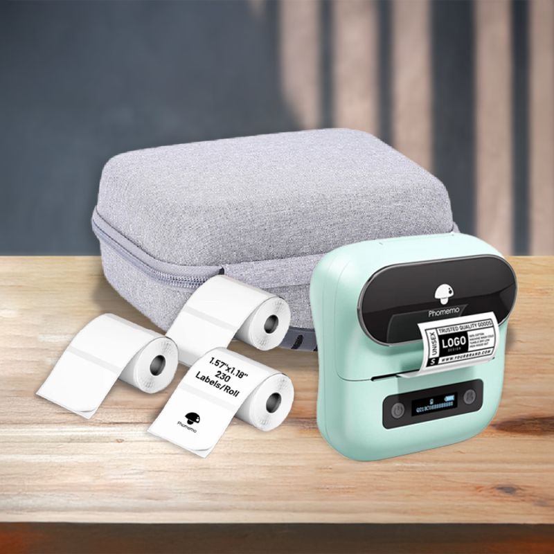 Phomemo M220 Bundle - (Hellgrüner Mini-Drucker + Hardcase + Pack 3 Rlx 40x30mm weiß)