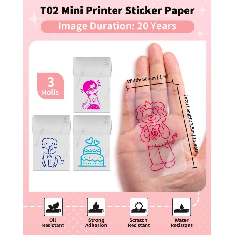 Phomemo - Pack x 3 Continuous Label Rolls 50mm x 3.5m - Pink/Green/Blue on Transparent