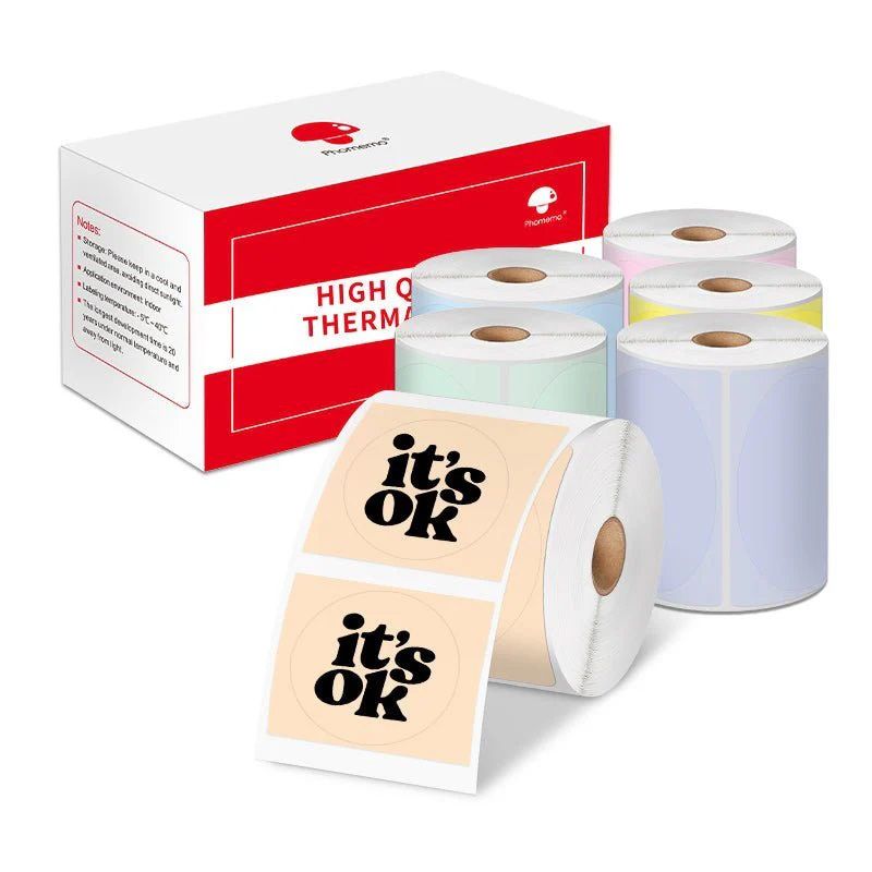 Phomemo - Packung x6 Rollen Etiketten Rund Ø 50mm x 140 - Blau, Rosa, Beige, Lila, Grün, Gelb