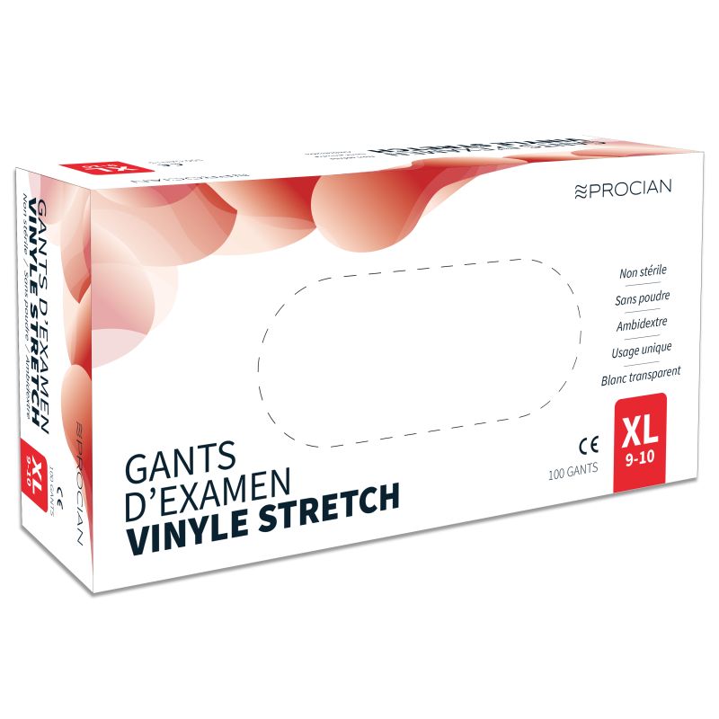 Gant jetable vinyle PROCIAN non-poudré, non-stérile Taille XL - Boîte de 100
